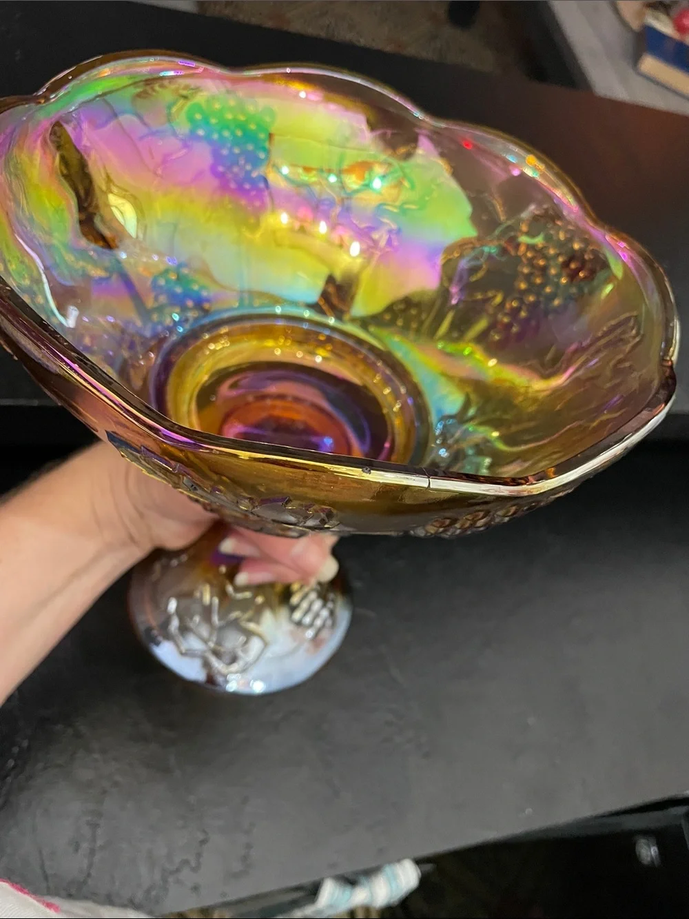Indiana Glass Iridescent Carnival Glass Compote Bowl - Grape Multicolor